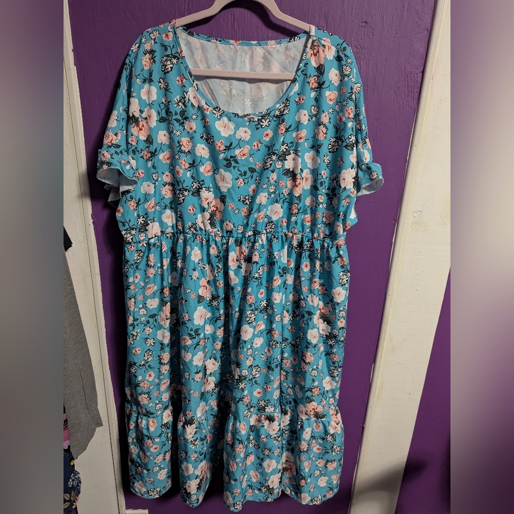 💜 Blue White Pink Floral Tiered Short Ruffle Sleeve Midi Dress 4X 26